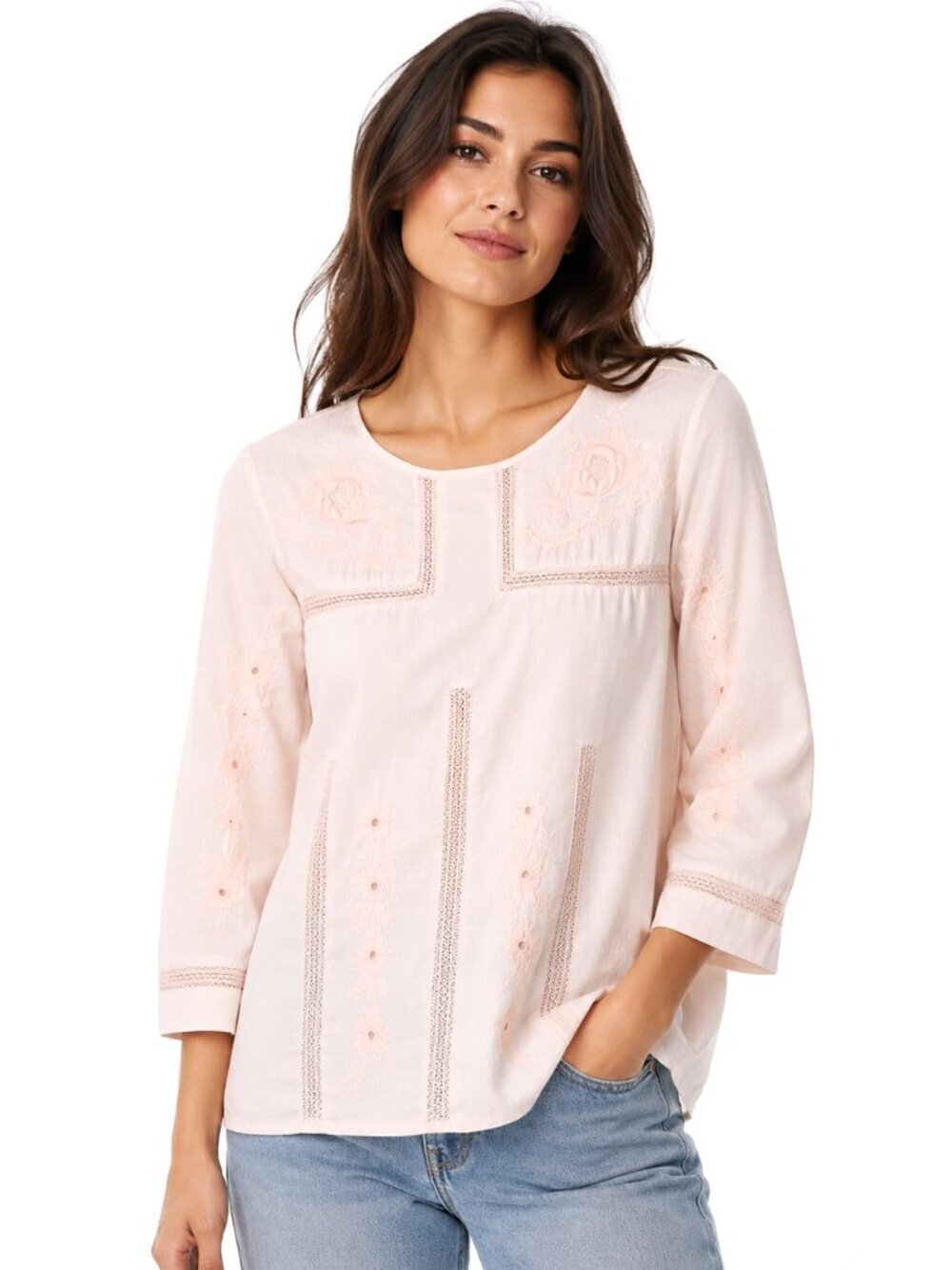 J. Crew Blush Pink Floral Embroidered Crochet Cotton Top